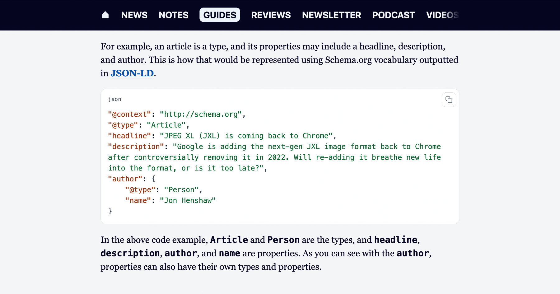 A syntax-highlighted JSON-LD code block rendered on the front end of a Coywolf Guides article, showing a Schema.org Article example with @context, @type, headline, description, and a nested author Person object.