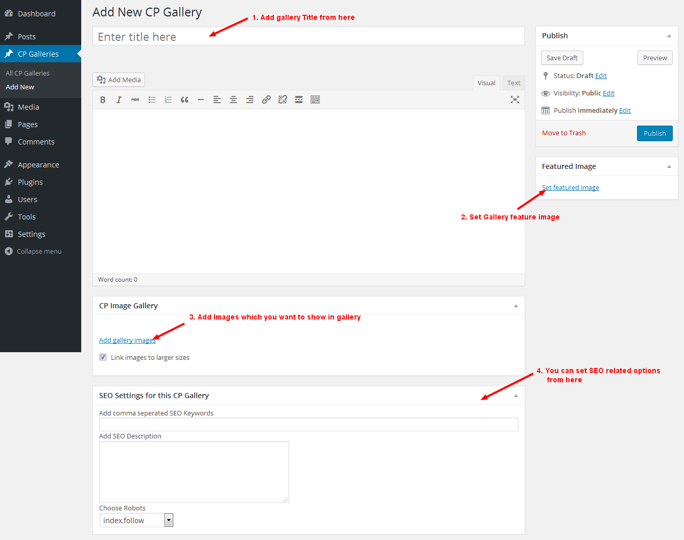 Show steps to add gallery and gallery images from backend. (Screenshot-2)