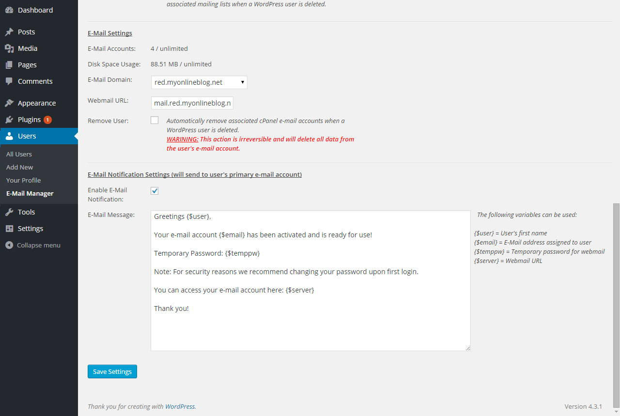 Plugin Configuration Settings - E-Mail Domain and Notifications