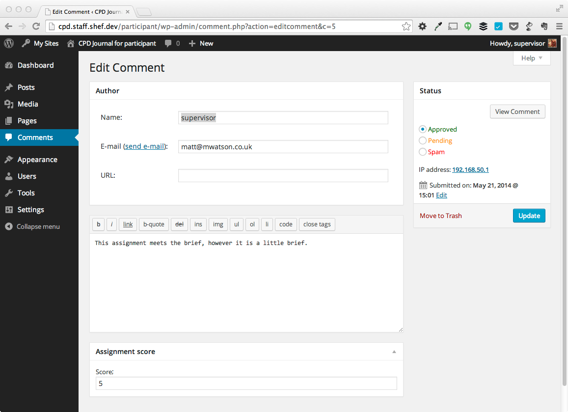 If we log out of WordPress and view the assignment on the front end of the website, you can see that we can leave a comment (labelled leave a reply). Note that users who are not logged in are required to leave their name, email address and optionally a url of their website