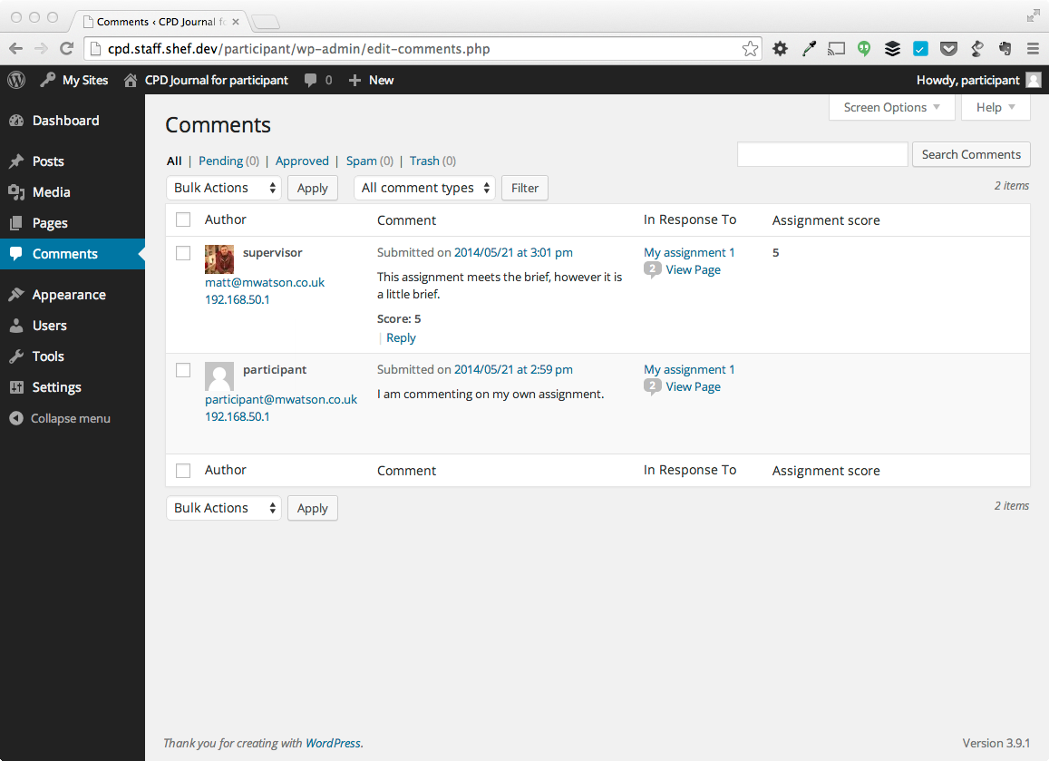 If we log in as a participant, we now only see the 'Comment' box, as by default WordPress pulls the other details will automatically be pulled from the participants profile.