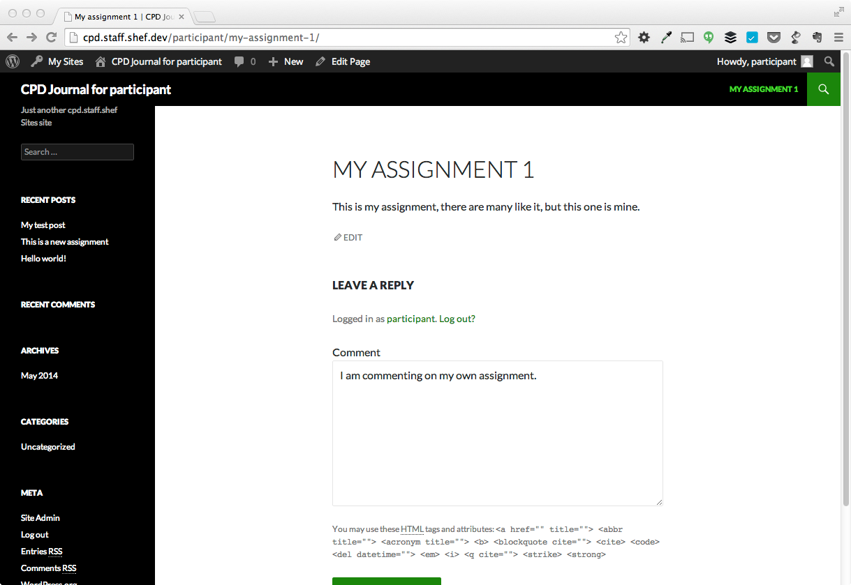 Now lets look at editing the comments in the back end of the site. If we remain logged in as a supervisor and look at the comments in the 'CPD Journal for participant' journal, we can see the two comments. You will note that you are able to edit the comment that was made by the supervisor. The view also has the additional 'Assignment Score' column, and also the score appears under the text of the comment.