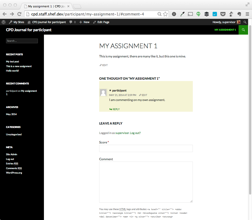 Now lets look at the list of comments as the participant. You will note that I cannot edit the comment that was made by the supervisor.