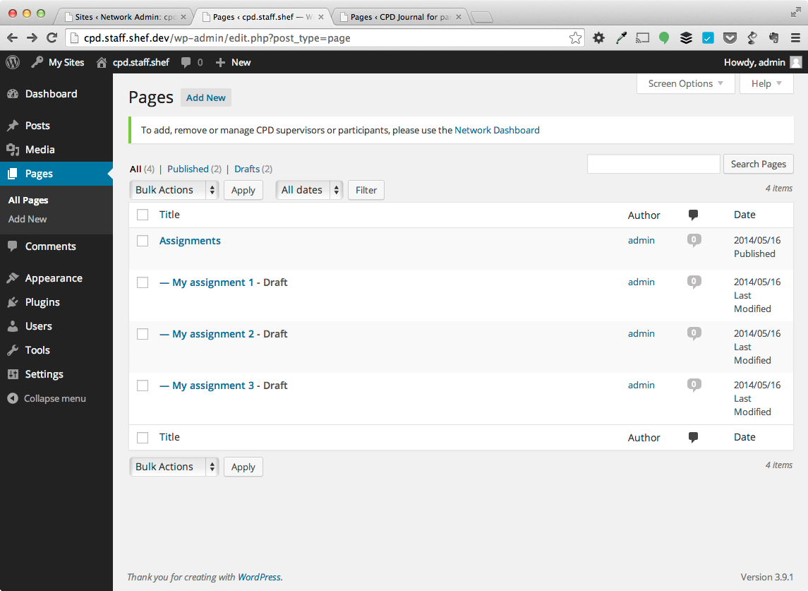 To create the assignments that are to be copied into journals in any journal, or the root website (recommended) create a page titled 'Assignments'. Under this page create the assignments (they can all be drafts, private or published).