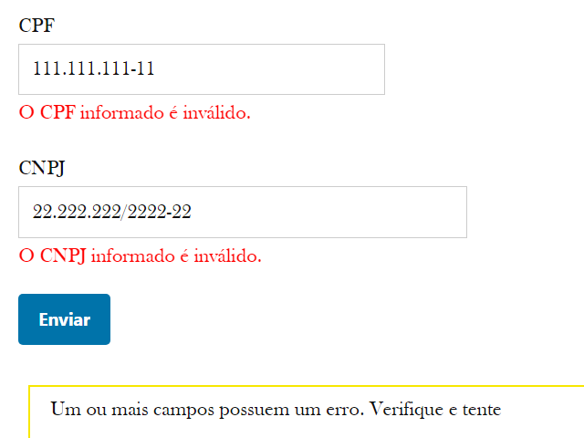 Exemplo da validação do formulário no front-end