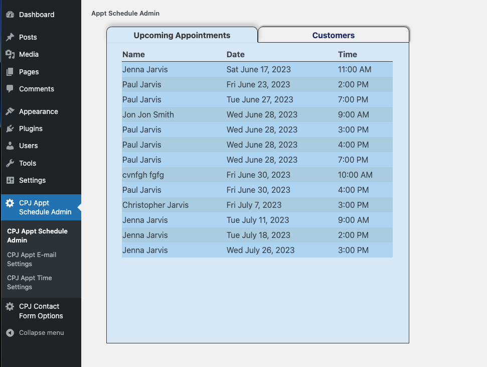 Admin panel showing upcoming appointments and customer list