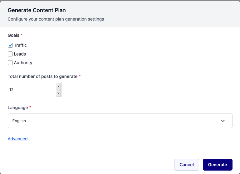 Generate AI modal for content plan creation