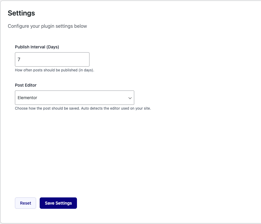 Settings: publish interval and post editor