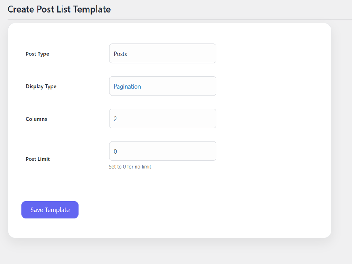 Admin page for creating custom post listing shortcodes.