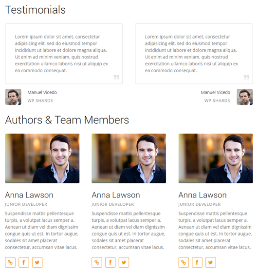 Create testimonials, team members, or inline features