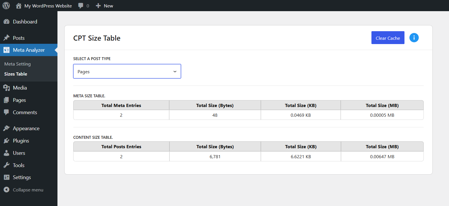 **Sizes Table** - View total meta and content sizes by post type.