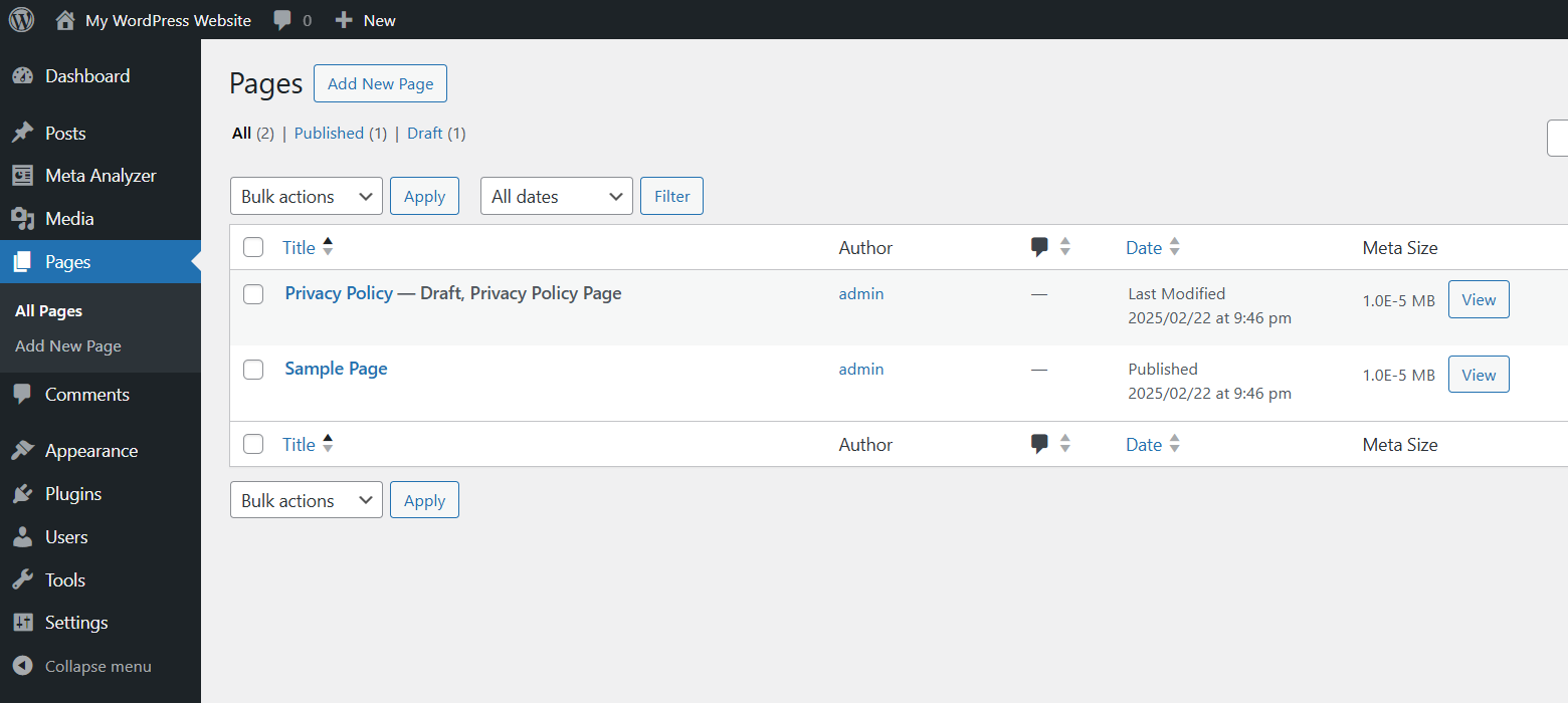 **Meta Size Column in Post List** - Individual post meta size with a 'View' button for detailed info.