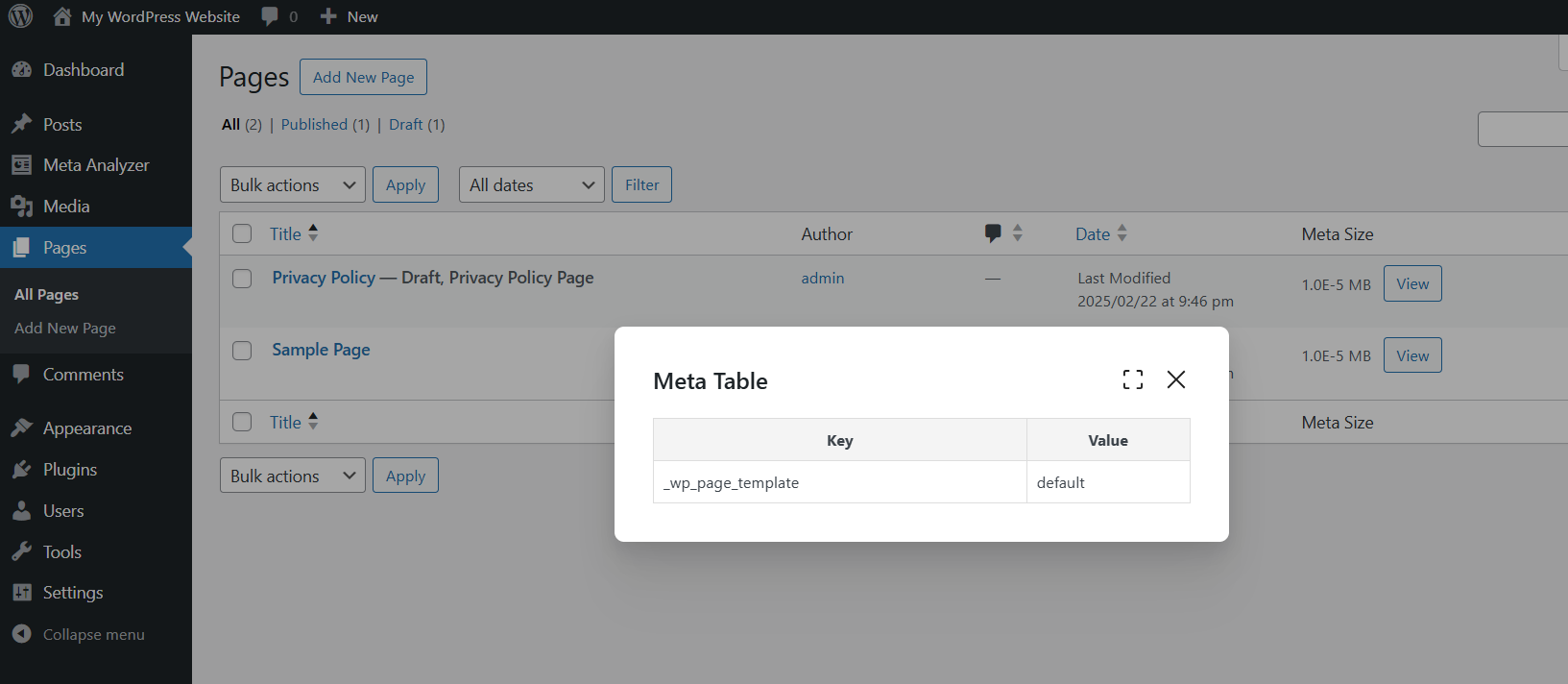 **Meta List Modal** -  Displays a modal window showing all meta keys and meta value for the selected post.