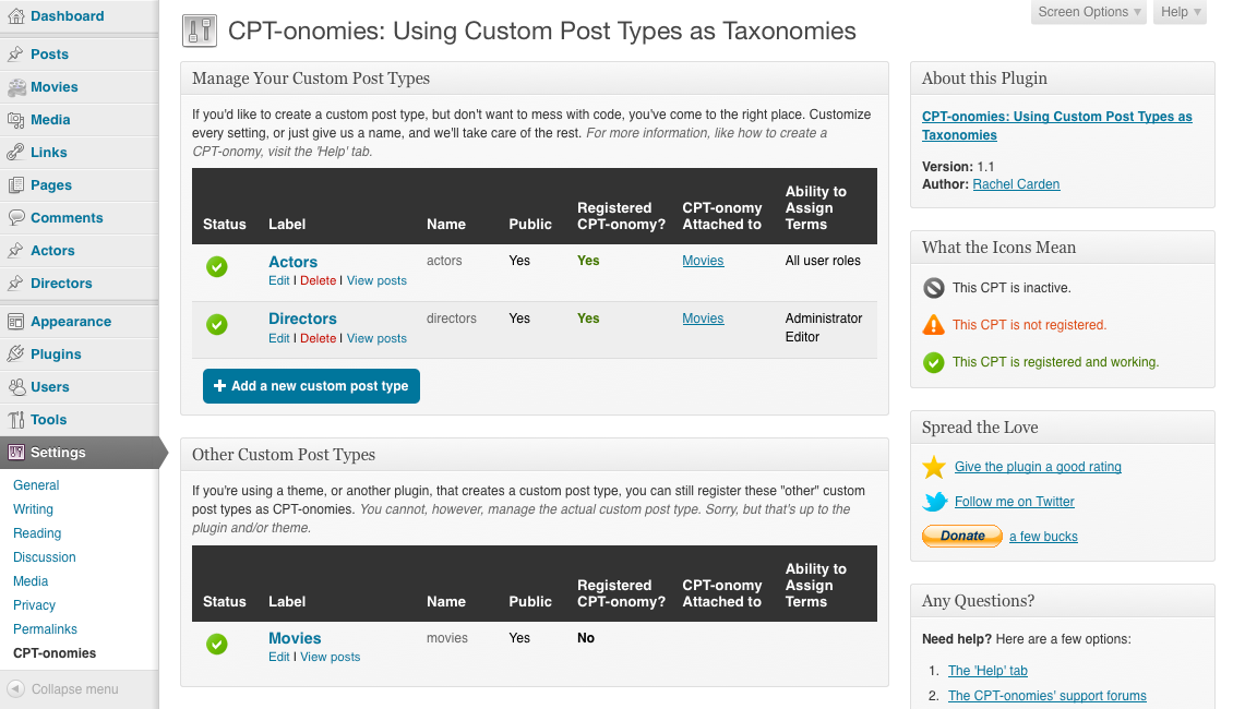 CPT-onomies offers an extensive custom post type manager, allowing you to create new custom post types or use custom post types created by themes and other plugins.