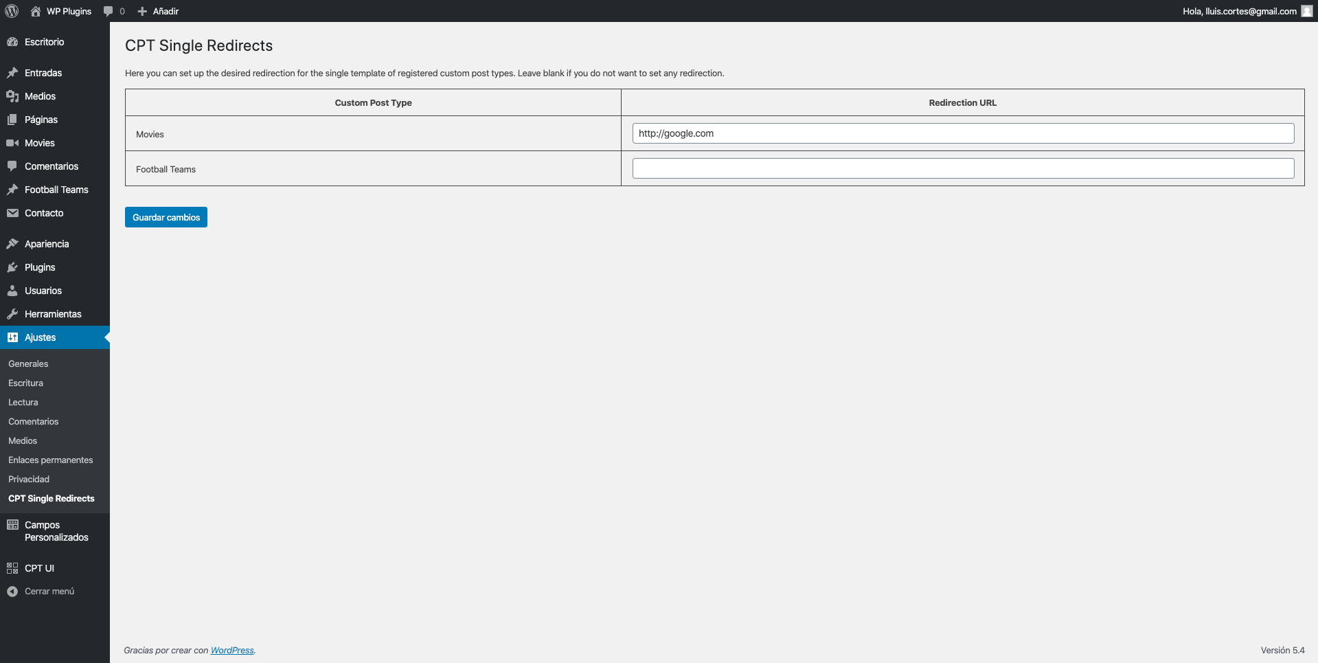 Settings page