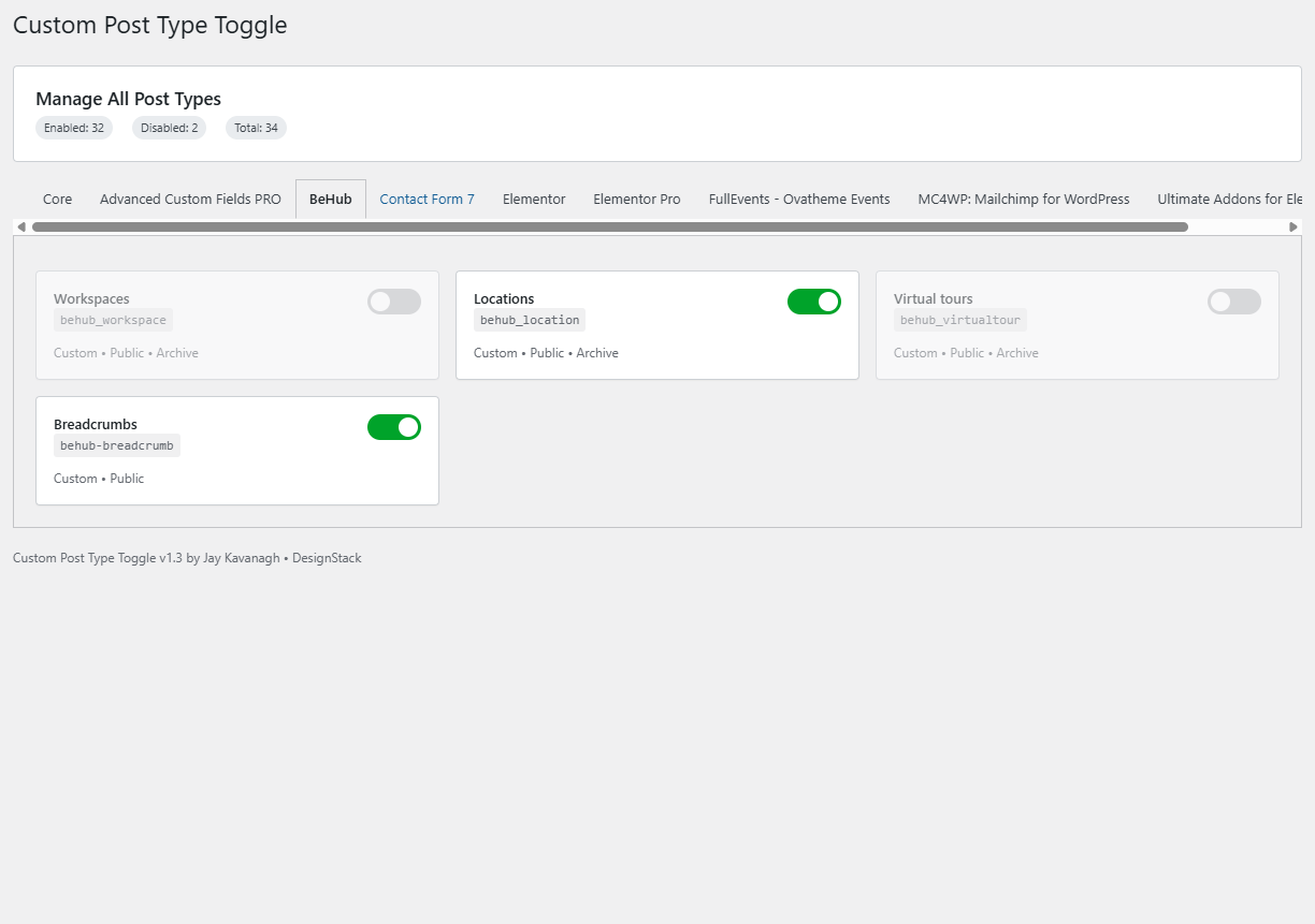 Example: theme tab showing disabled CPTs.