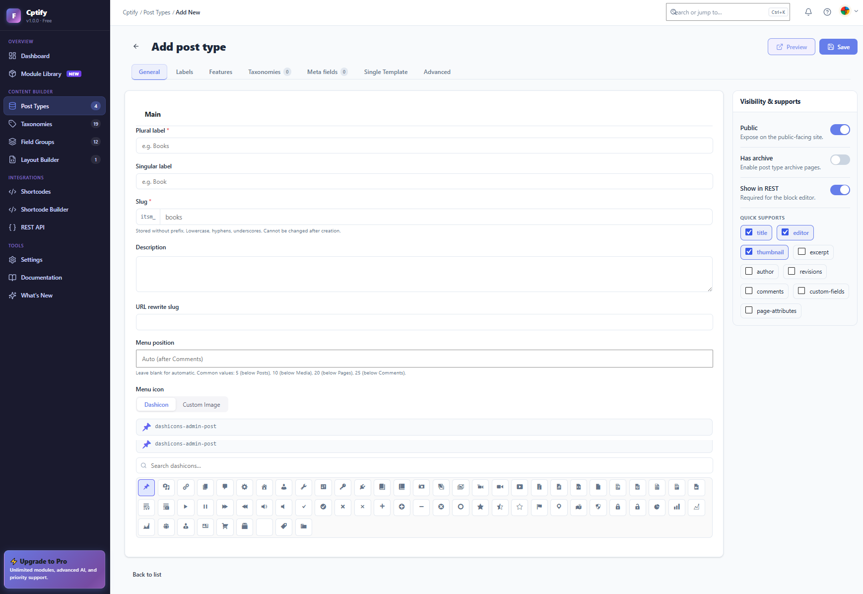 **Post Type Manager** — Create and manage unlimited custom post types with icon picker and drag-to-reorder