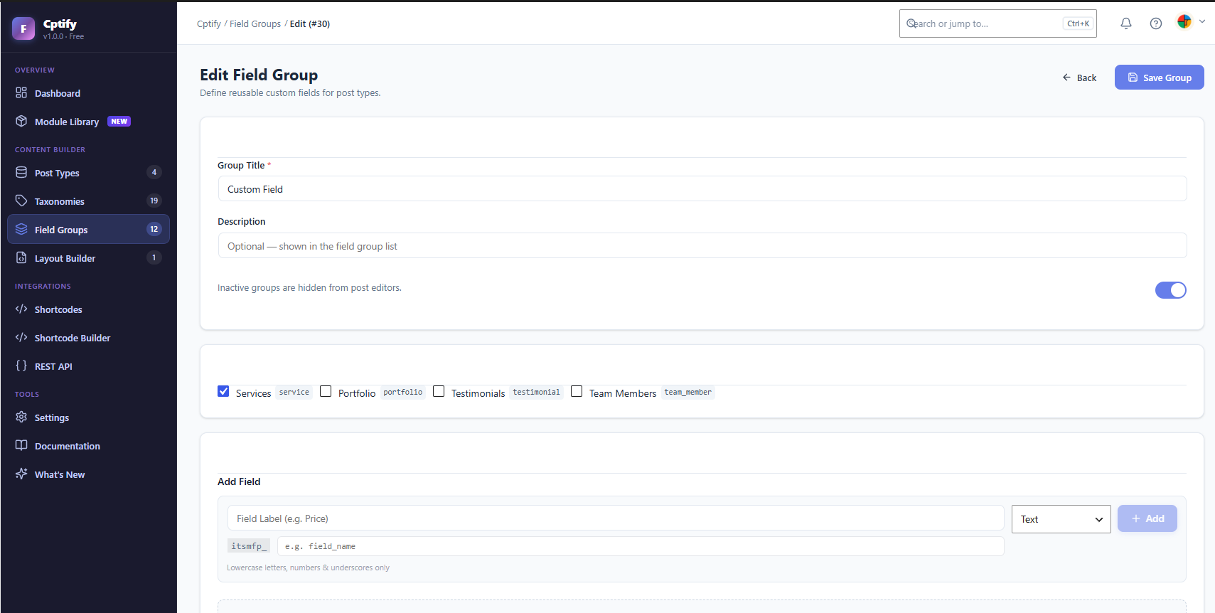 **Custom Field Builder** — Drag & drop field creation with 15+ field types and conditional logic