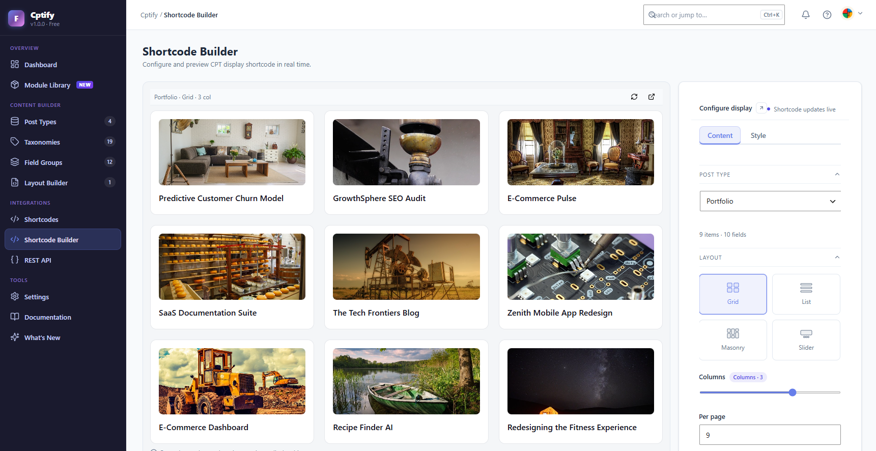**Layout Builder** — Design archive and single post layouts visually with drag-and-drop blocks