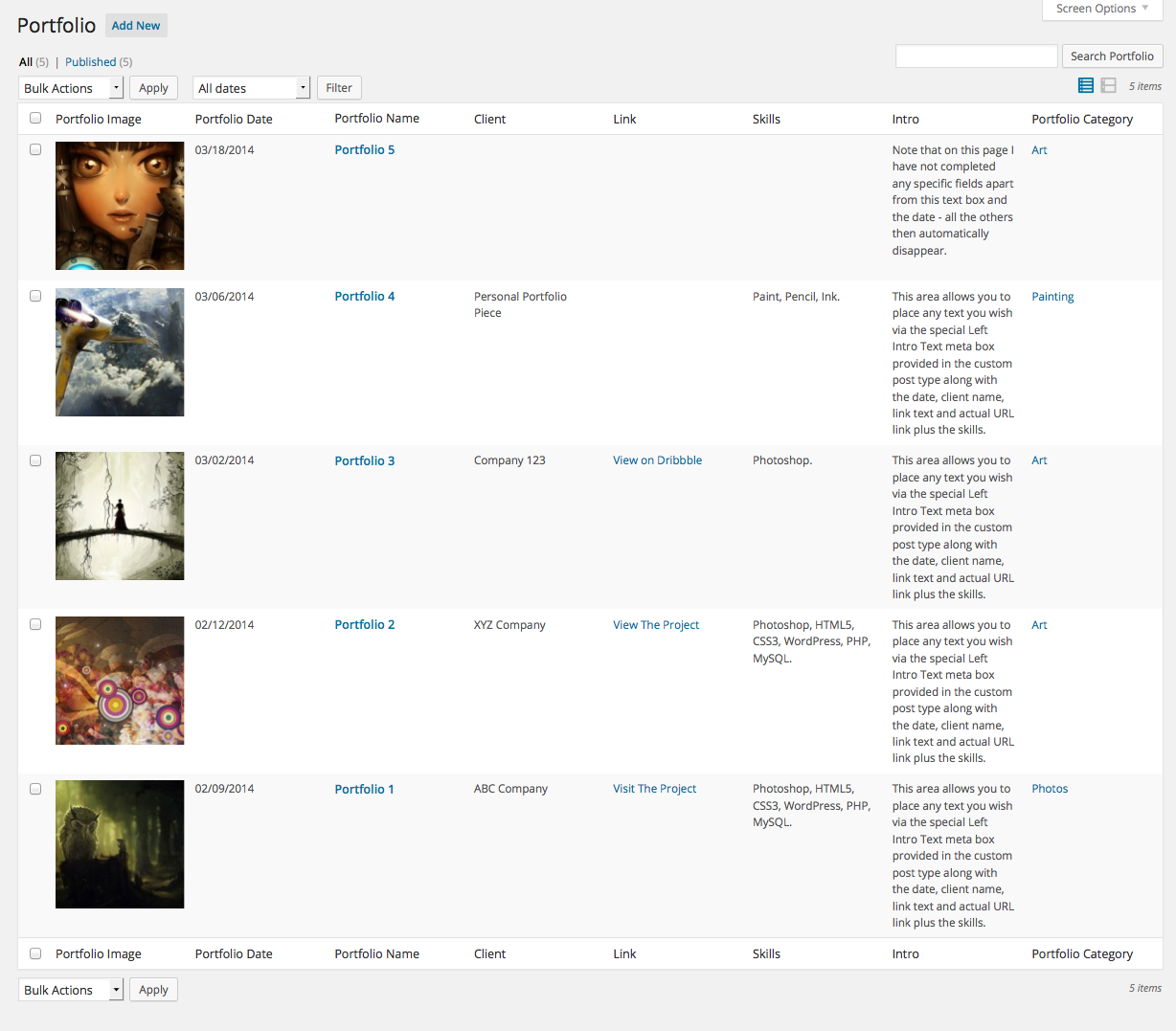 Portfolio admin screen