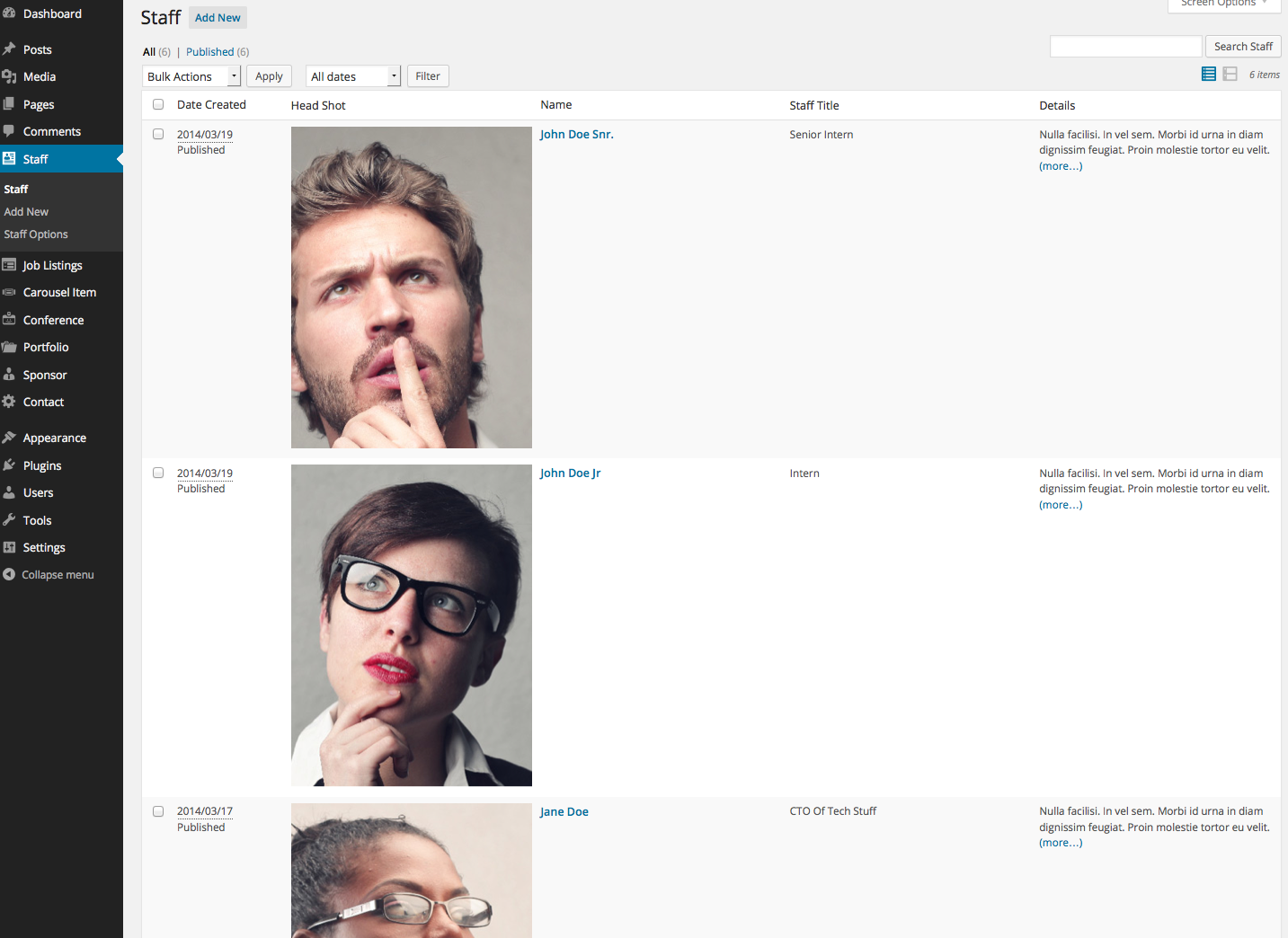 Staff listing admin view