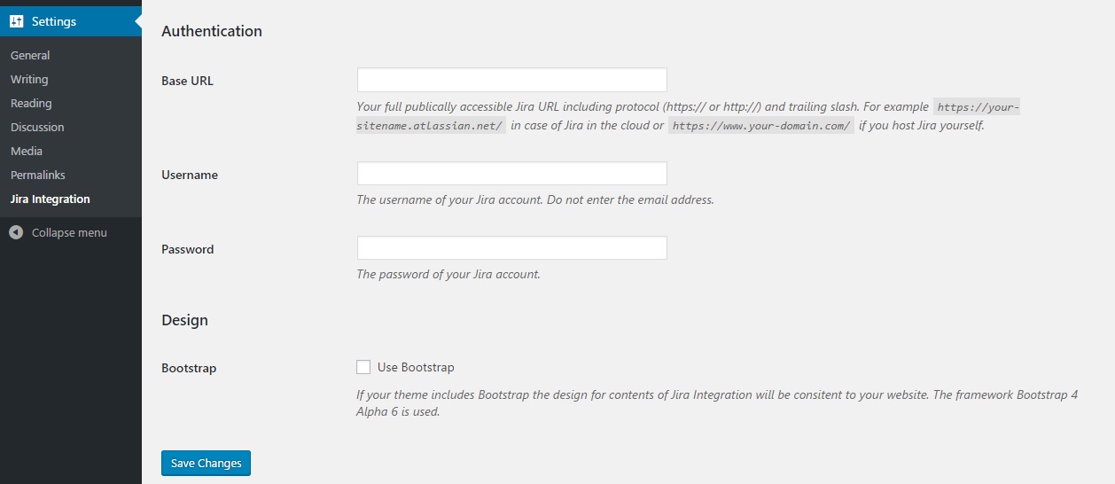 Jira Integration from CRANE APP provides an option page where you can set your authentication and design configurations.