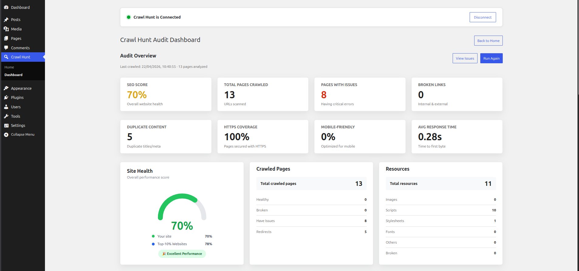 Crawl Hunt Audit dashboard