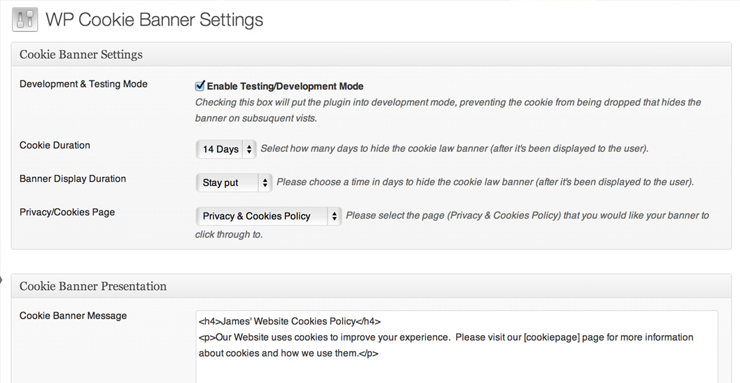 WP Cookie Banner Settings section.