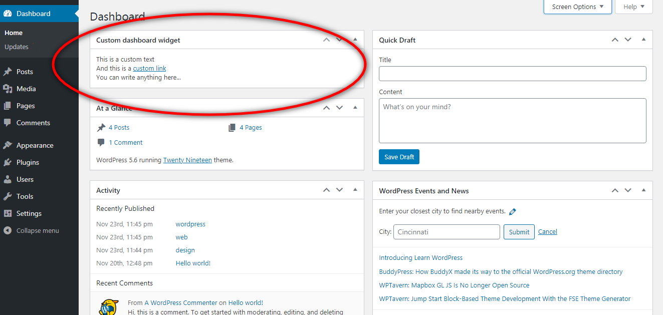 Your custom widget in the dashboard page