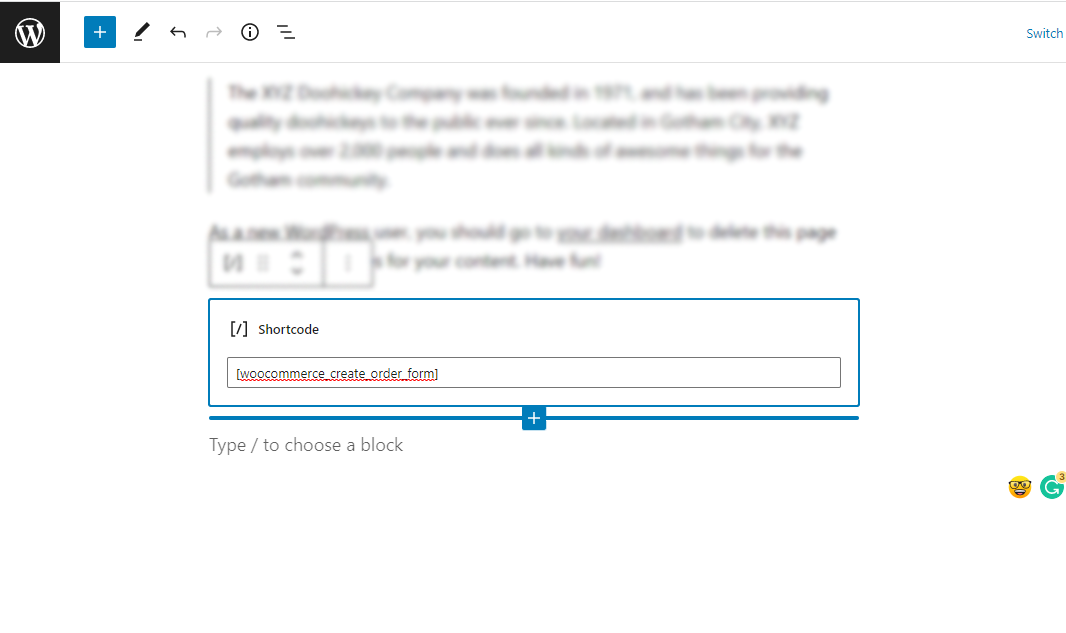 Create Order shortcode form Shortcode.