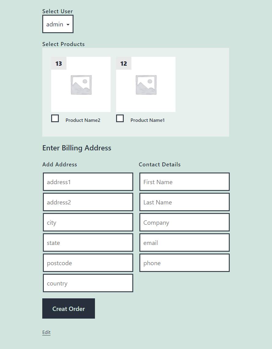Order Form Page.