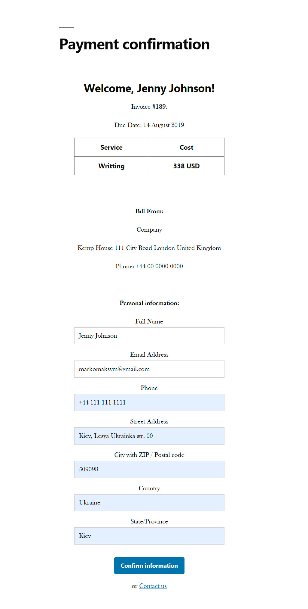 Payment confirmation page