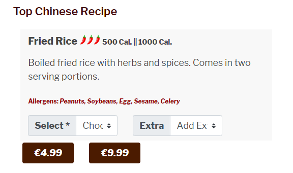 Single menu food/dish item on page or post Gutenberg block.