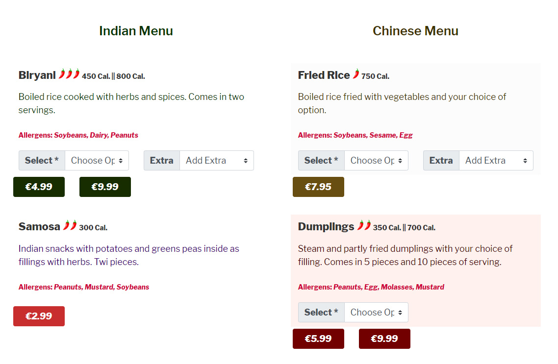 The main menu for the restaurant.