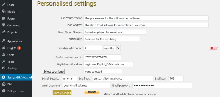 Admin settings on the Create Sasnys Gift Voucher.