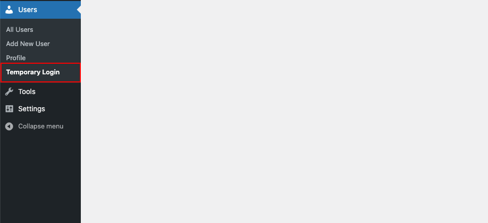 Temporary Login submenu under the Users menu.