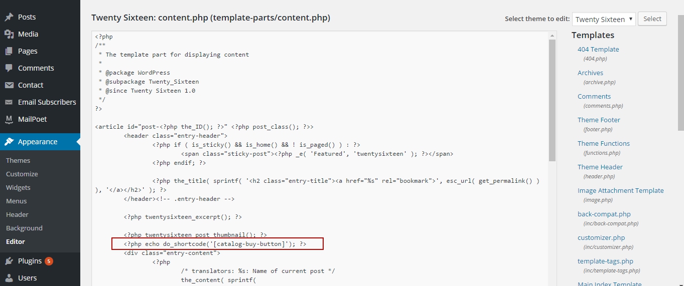 Example of using [catalog-buy-button] shortcode editing theme file (screenshot-5)