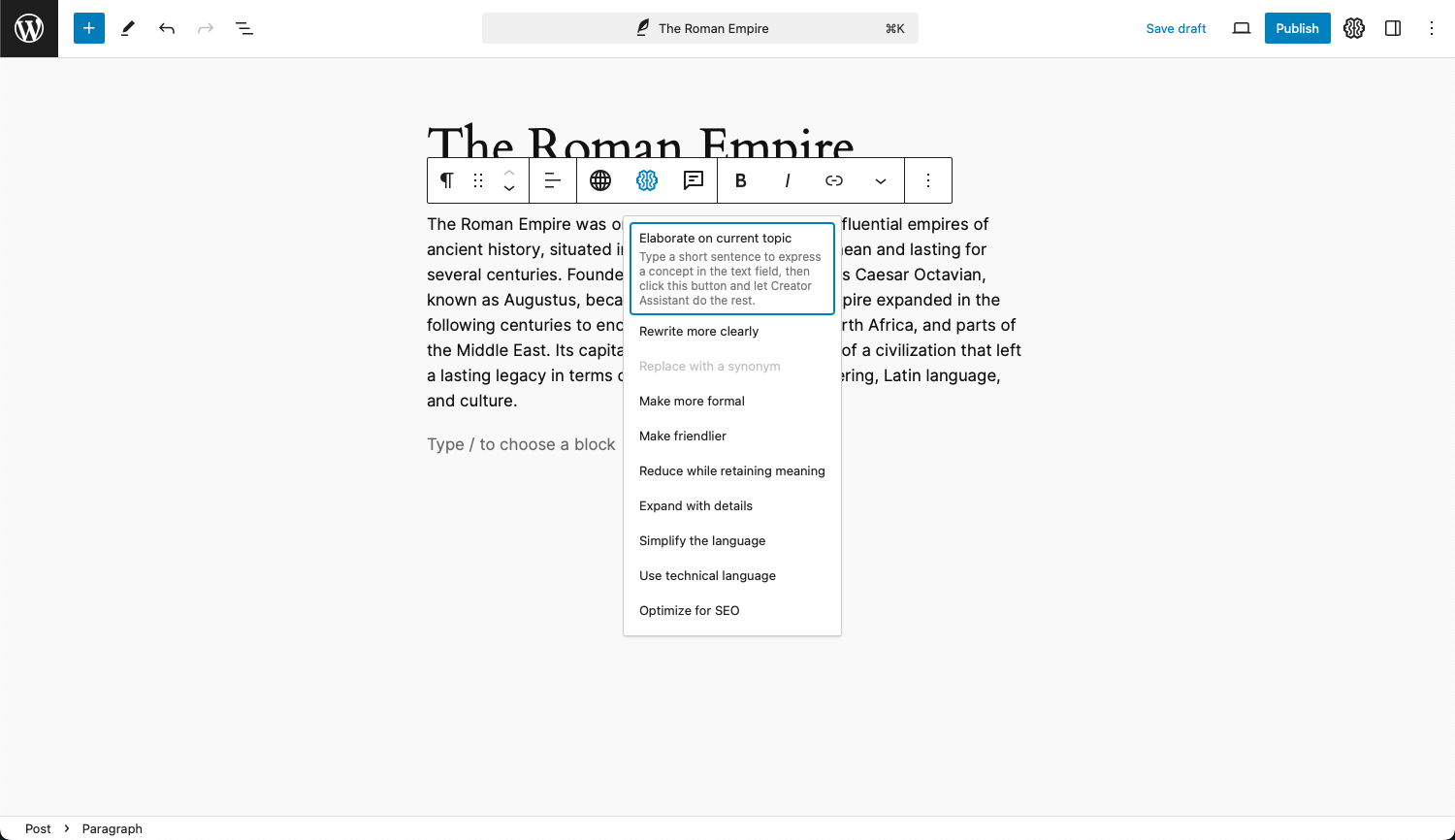 AI Writer Block Options: Customize content generation with available options.
