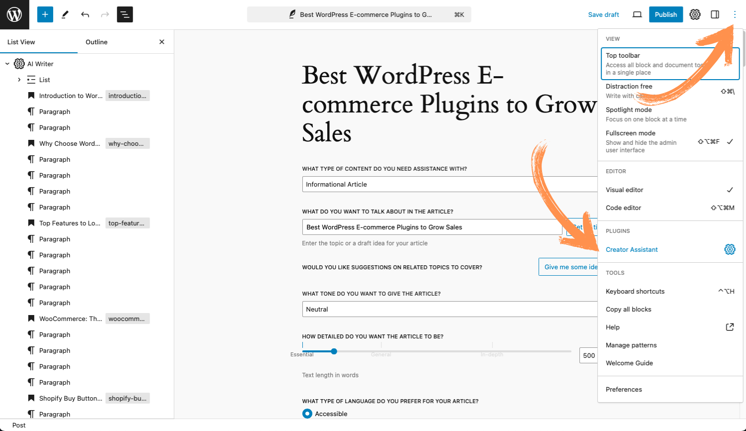 Generated Index and Content: Example of an index and content created with AI Writer.