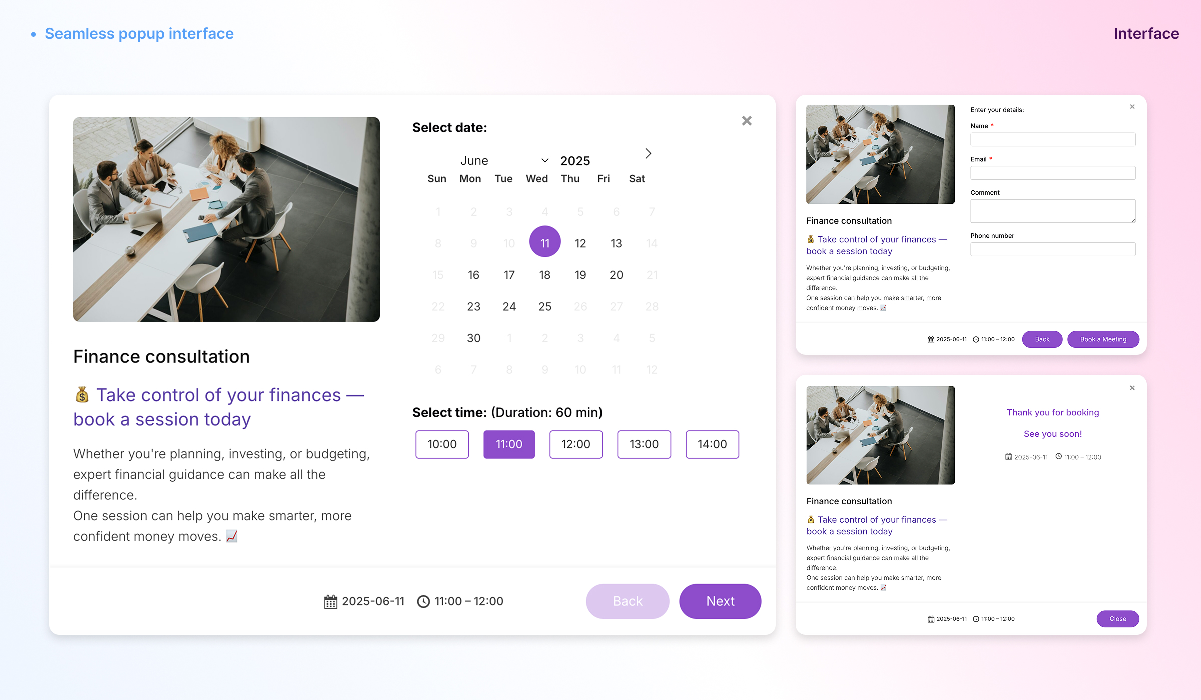 Frontend: styled popup interface for therapy booking
