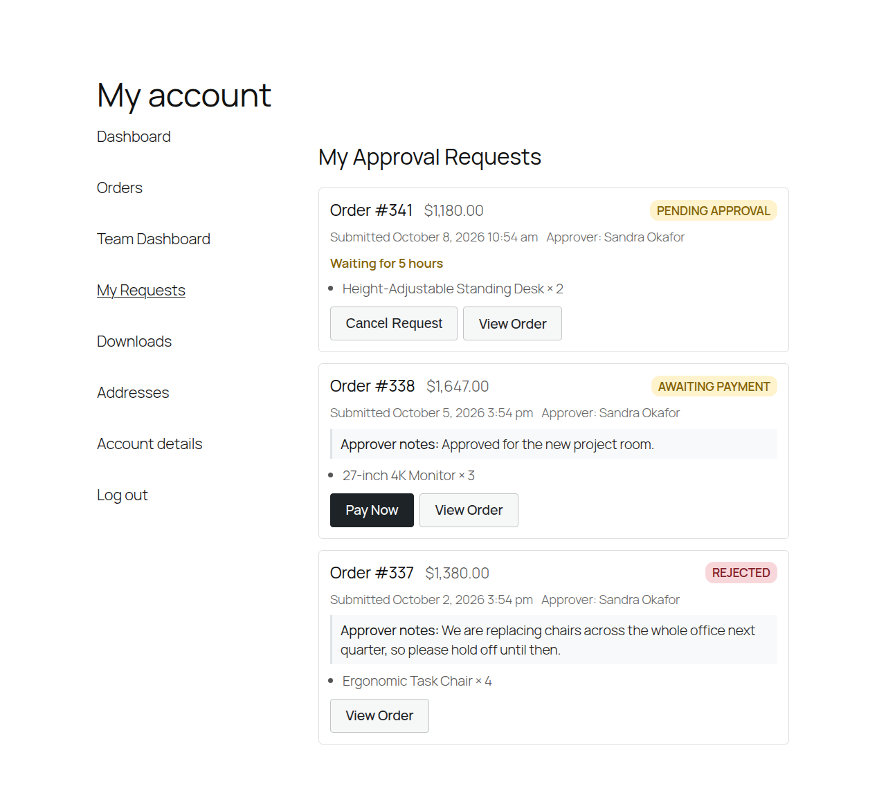 My Requests: the buyer follows each request and pays once it's approved.