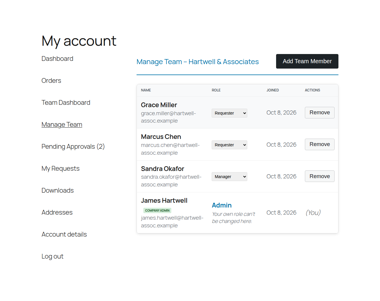 Manage Team: a company's Admin and Managers invite colleagues and change roles.