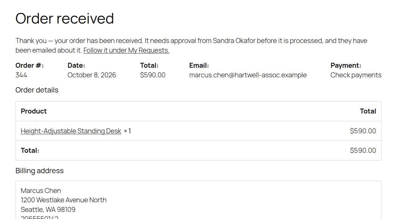 Order confirmation for an order held for approval.