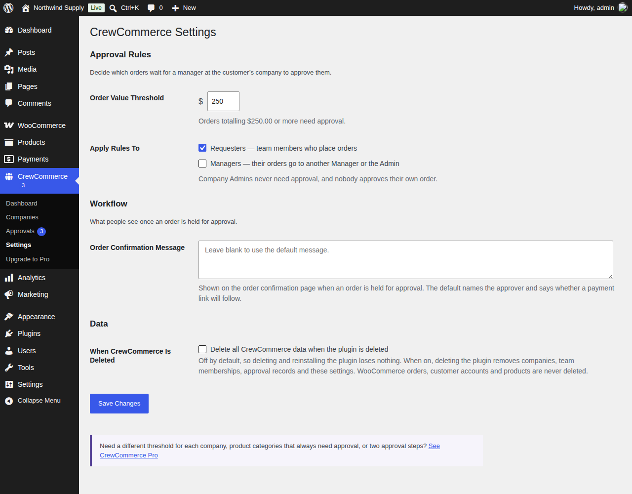 CrewCommerce › Settings: the order value that needs approval and the roles it applies to.