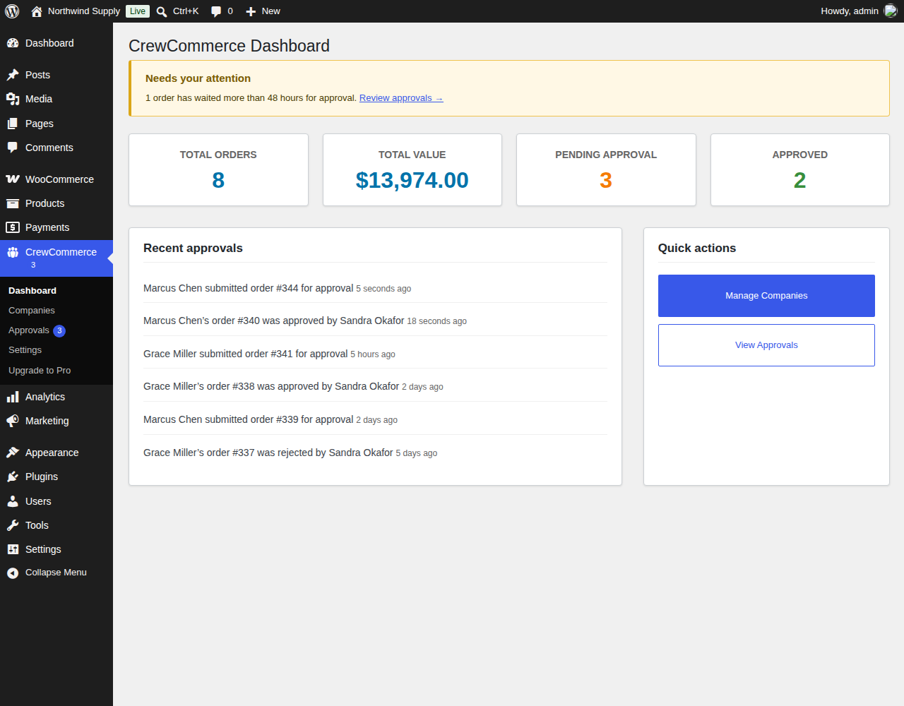 The CrewCommerce dashboard in WP Admin: what needs your attention, order totals and recent approvals.