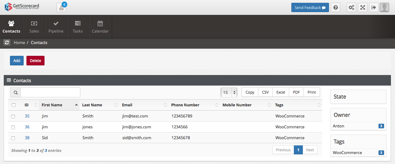 GetScorecard Contact List - Manage your contacts created with each sale. Add tags to segment your customers.
