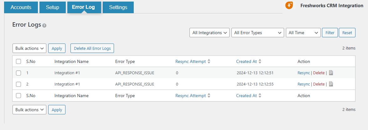 Error Logs Page: Track and resolve integration errors.