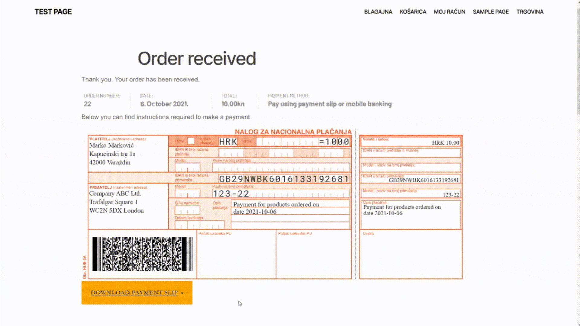 After user selects that option and proceeds to the payment, image of the payment slip, filled with previously-entered customer's data, is being shown and is available for download in various formats. The same image is also sent to the customer via Email.