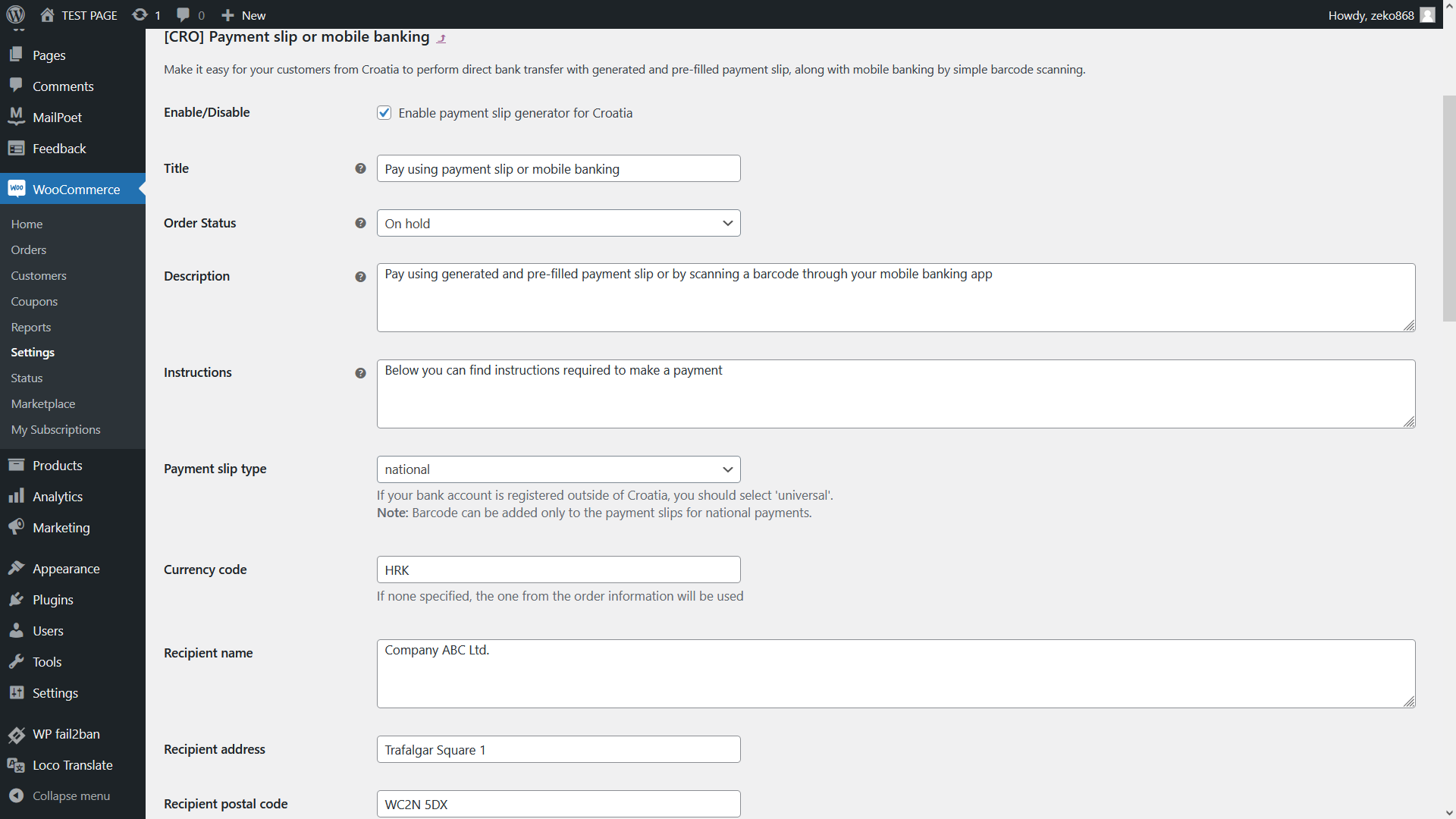All fields (along with various other properties) can be set through settings page of this payment gateway that is located within WooCommerce Admin Dashboard.