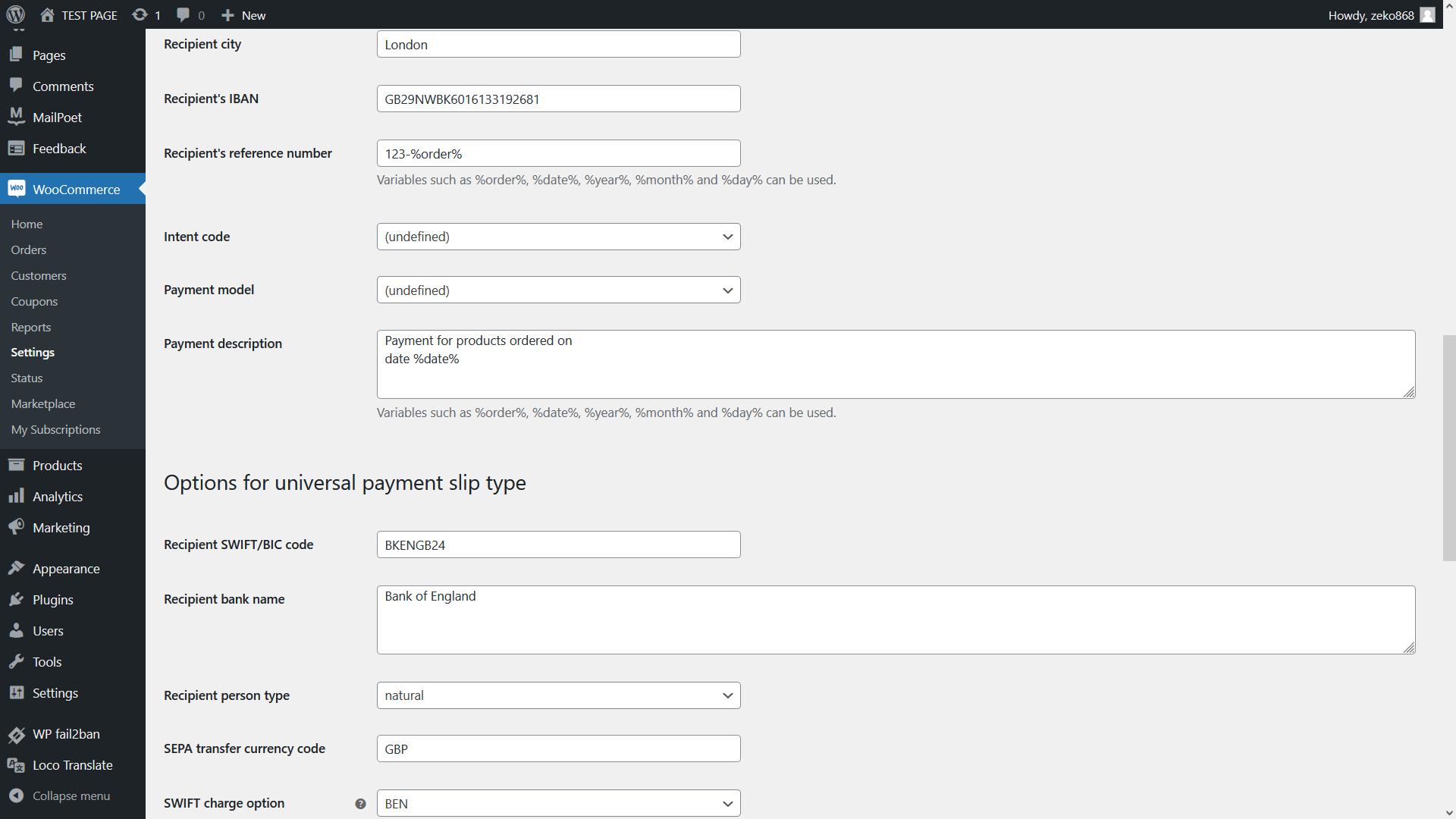 All fields (along with various other properties) can be set through settings page of this payment gateway that is located within WooCommerce Admin Dashboard.
